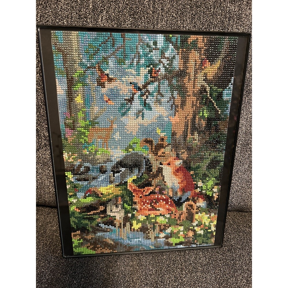 Beaded Diamond Painting Wall Hanging 14"x11 Sweet Forest Animals Black Framed - Picture 4 of 10